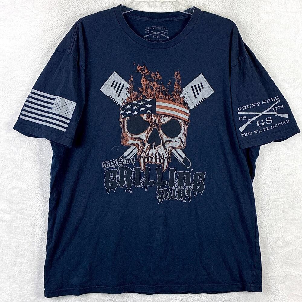 Grunt Style T-Shirt Mens XXL Navy Grilling Skull USA Patriot Military Veteran